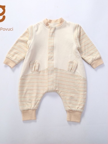 Spavaća vreća za bebe s podijeljenim nogama, dvostruka pamučna tkanina, odvojivi rukavi, prugasti uzorak, metalni zatvarač, pogodna za zimu, proljeće i jesen