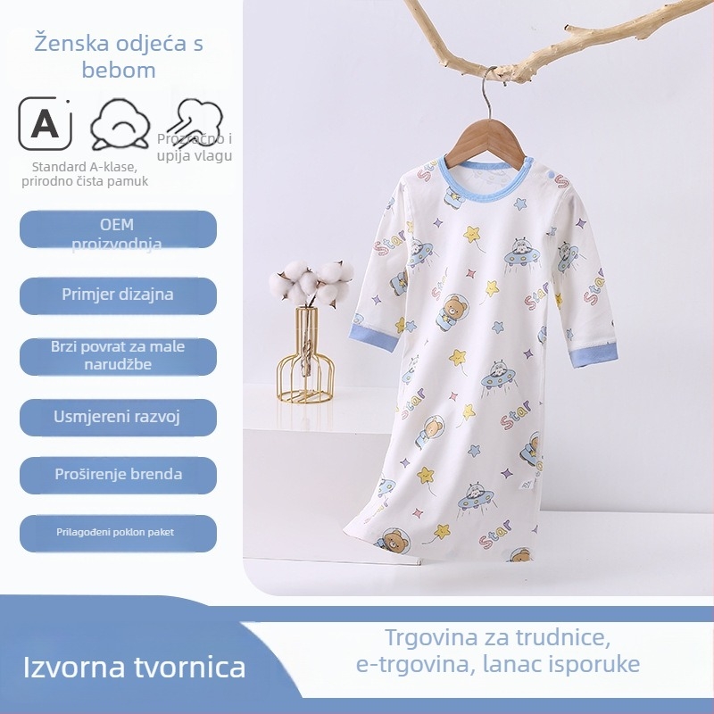 Dječja pamučna noćna haljina s dugim rukavima, česan pamuk tkanina, podstava od čistog pamuka, odvodi vlagu, sve sezone