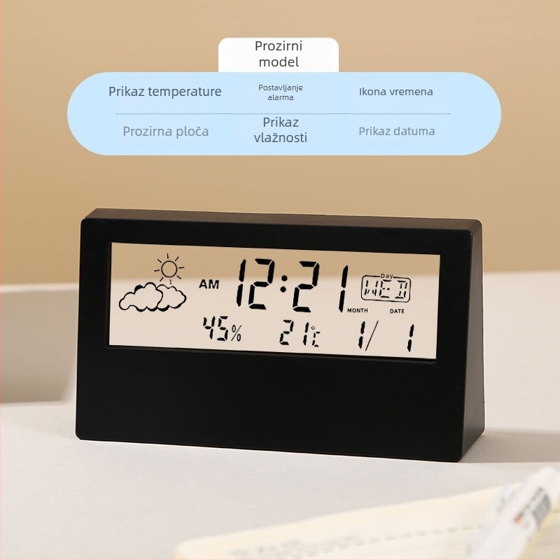 Stolni sat s LCD zaslonom, termometar, vlažnost, prikaz mjeseca, napajanje baterijom, moderan minimalistički stil