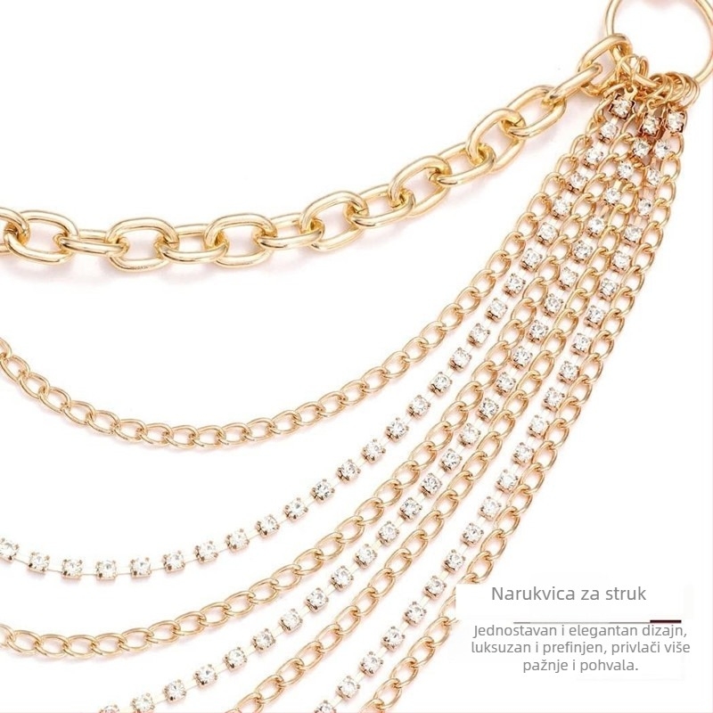 Lanac za struk od metala s višeslojnim pramenovima i kristalima, svestran stil, duljina 105 cm, za žene