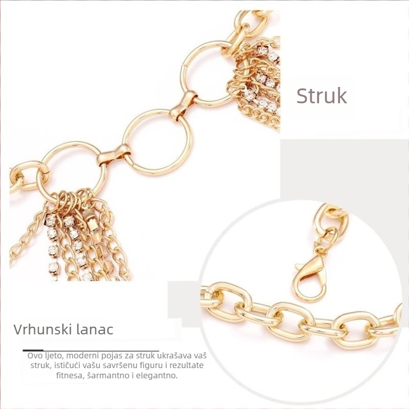 Lanac za struk od metala s višeslojnim pramenovima i kristalima, svestran stil, duljina 105 cm, za žene