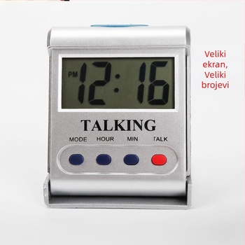 Stolni sat s glasovnim najavom vremena za starije osobe i slijepce, sat svakog sata (Jednostrani prikaz; Napajanje: Automatsko; Vrsta pogona: Drugo; Vodootpornost: Ne)