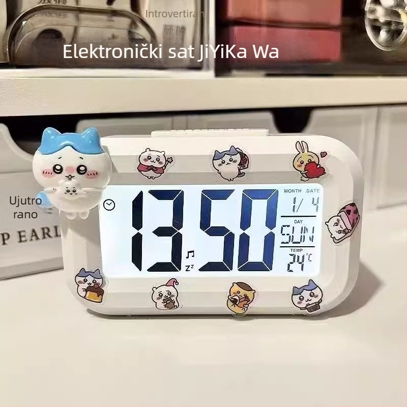 Alarmni sat s LED brojčanim zaslonom, napajan baterijom, elektronički mehanizam, jednostrana, crtani stil.