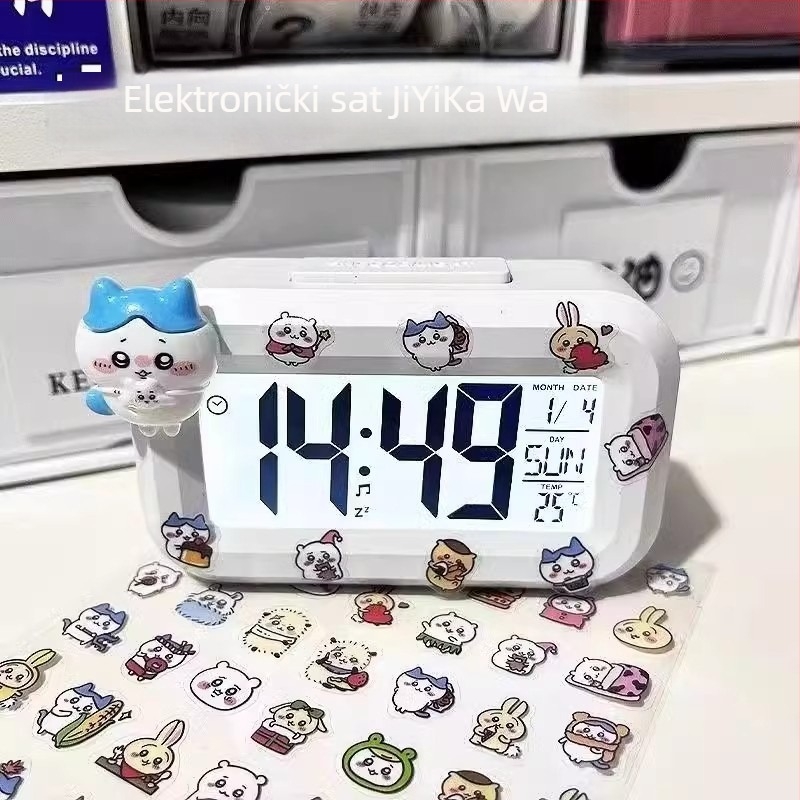 Alarmni sat s LED brojčanim zaslonom, napajan baterijom, elektronički mehanizam, jednostrana, crtani stil.