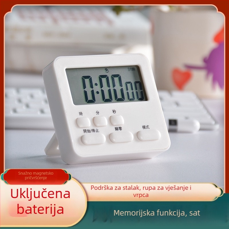 Višefunkcionalni vremenski mjerač s alarmom za kupaonicu – LCD zaslon, napajanje baterijom, elektronički mehanizam, pravokutnog oblika