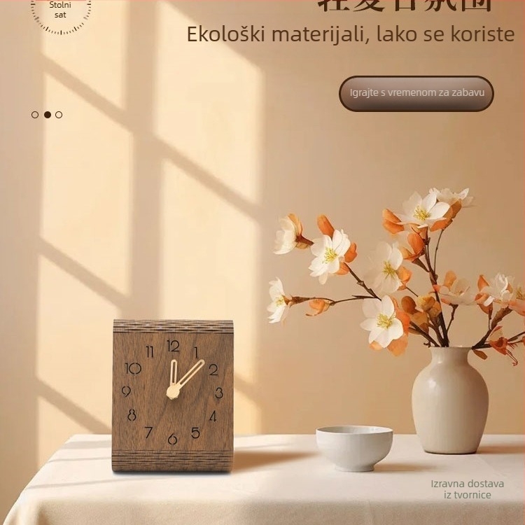 Stolni sat – tiho kretanje, drveno kućište, brojčanik od kaljenog stakla, napajanje baterijama, analogni prikaz