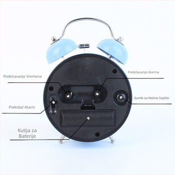 Budilnik – zaobljeni metalni stolni sat s LED brojevima, kvarcni mehanizam, napajanje baterijom, karikatura stil