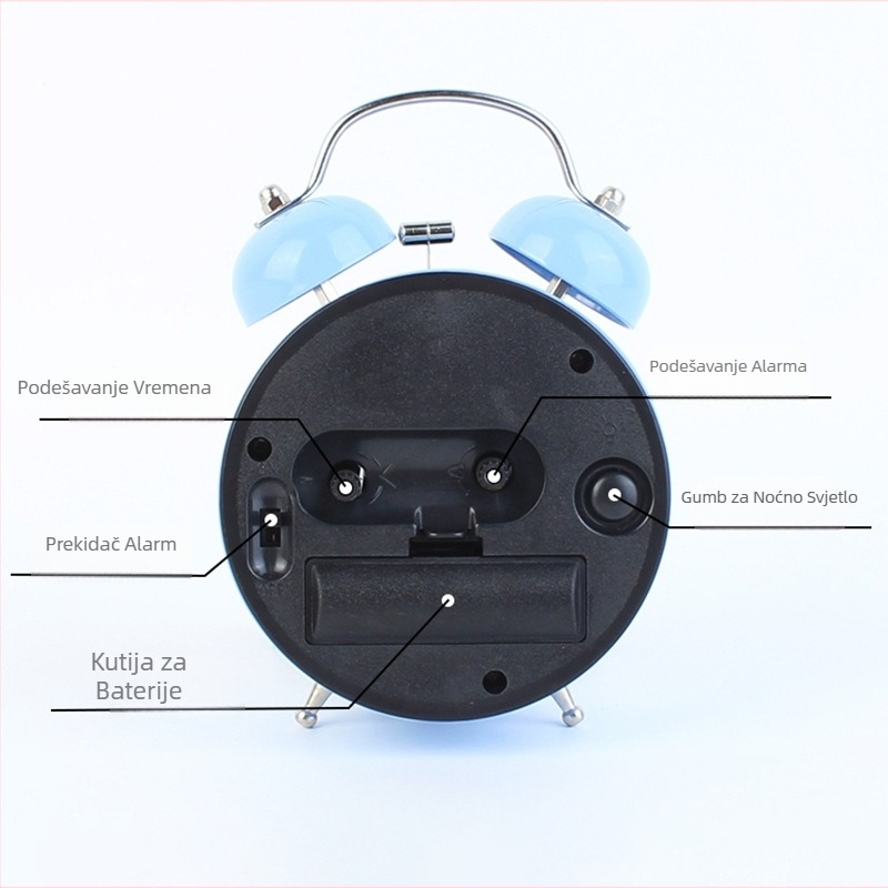 Budilnik – zaobljeni metalni stolni sat s LED brojevima, kvarcni mehanizam, napajanje baterijom, karikatura stil