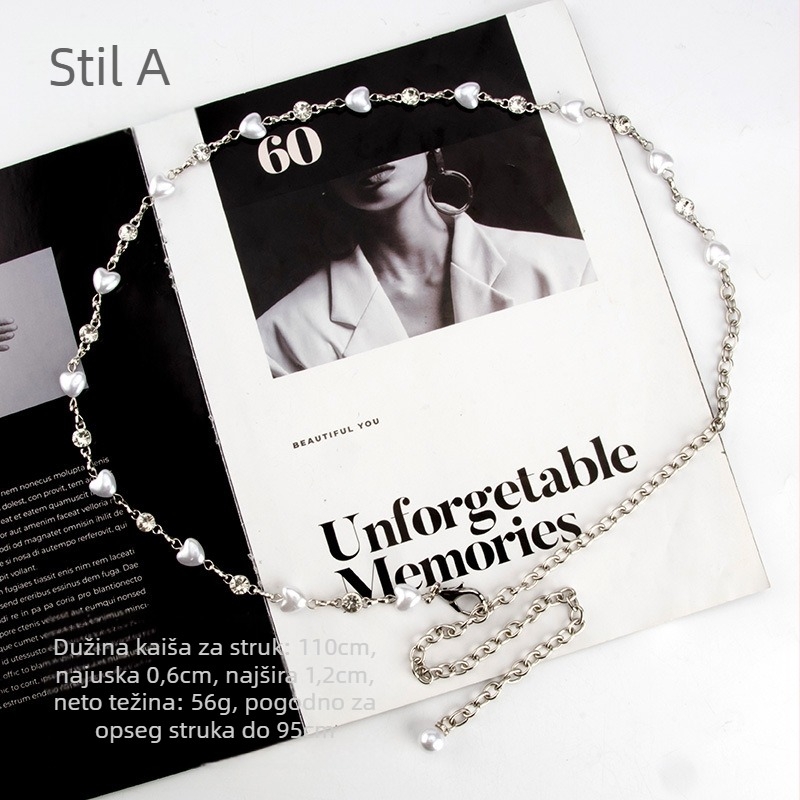 Ženski kaiš oko struka s perlama i kristalima, metal, moda, jednokružni pojas, mogućnost prilagodbe