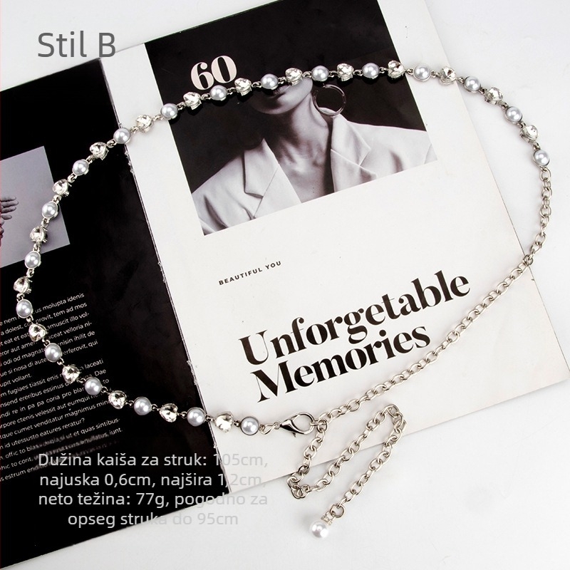 Ženski kaiš oko struka s perlama i kristalima, metal, moda, jednokružni pojas, mogućnost prilagodbe