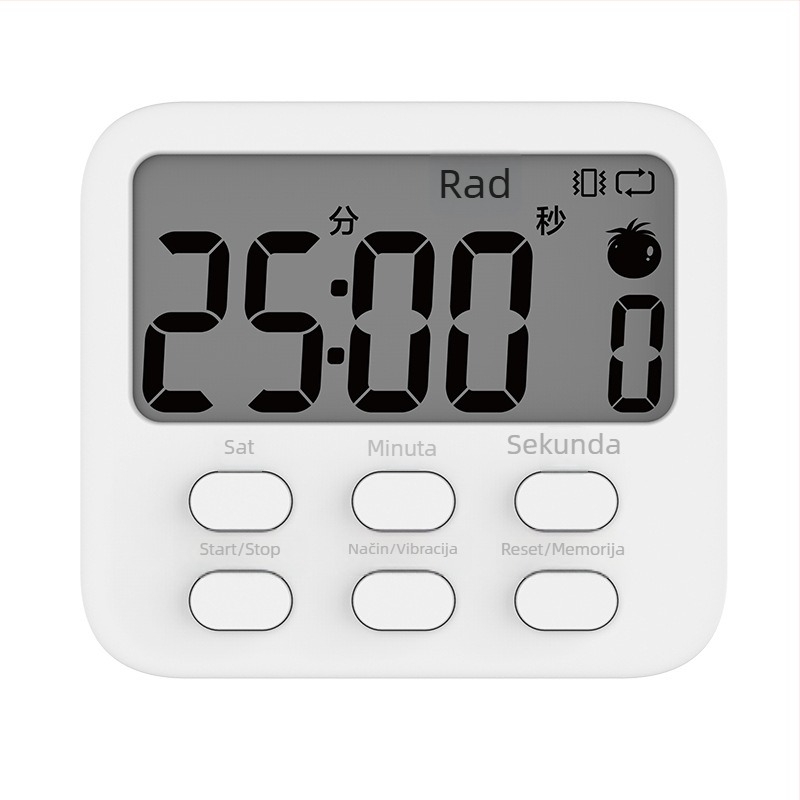 Elektronički odbrojivač s alarmom, četvrtasti plastični kućište, napajanje baterijom, za učenje i kuhinju