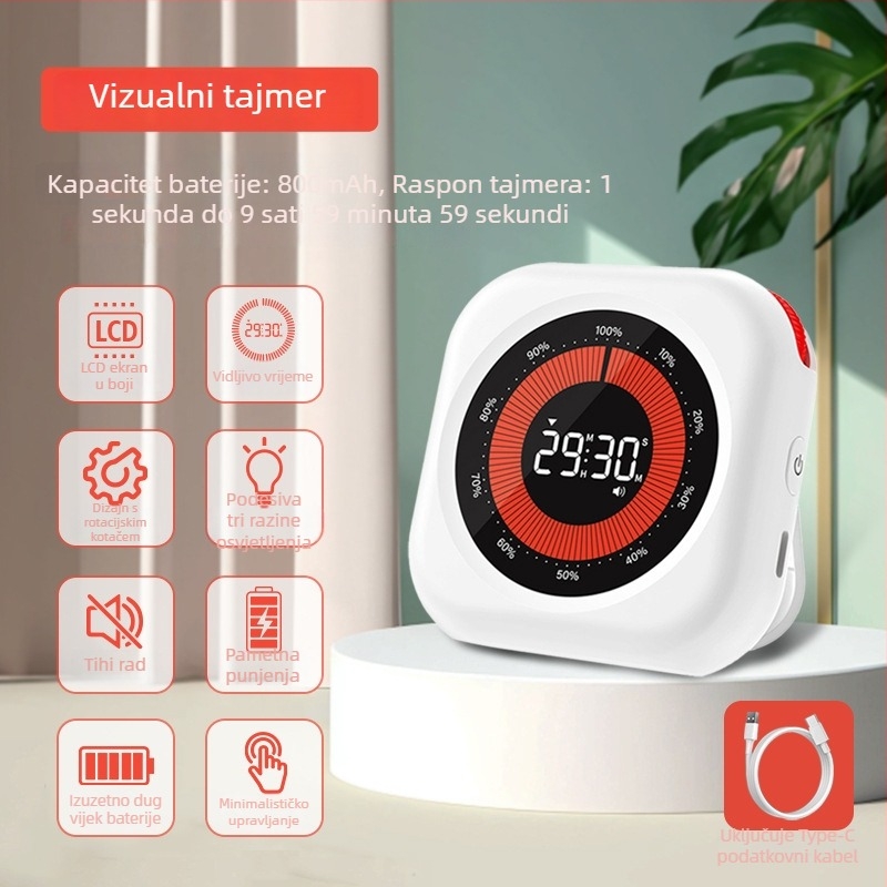 Vizualni mjerač vremena za učenje učenika, mjerač samodiscipline, okrugla kućišta (Elektronički pogon, LCD zaslon, kronograf, napajanje baterijama)