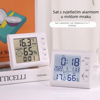 Termohigrometar sa osvijetljenim budilicom i štopericom, 3-u-1 sat s LED prikazom, napajanje baterijom, kvadratno plastično kućište, termometar