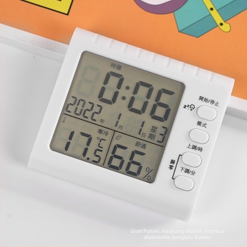 Termohigrometar sa osvijetljenim budilicom i štopericom, 3-u-1 sat s LED prikazom, napajanje baterijom, kvadratno plastično kućište, termometar