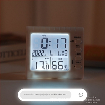 Termohigrometar sa osvijetljenim budilicom i štopericom, 3-u-1 sat s LED prikazom, napajanje baterijom, kvadratno plastično kućište, termometar