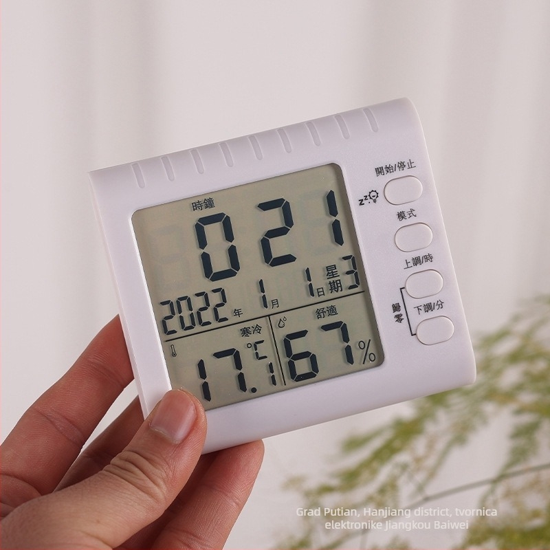 Termohigrometar sa osvijetljenim budilicom i štopericom, 3-u-1 sat s LED prikazom, napajanje baterijom, kvadratno plastično kućište, termometar