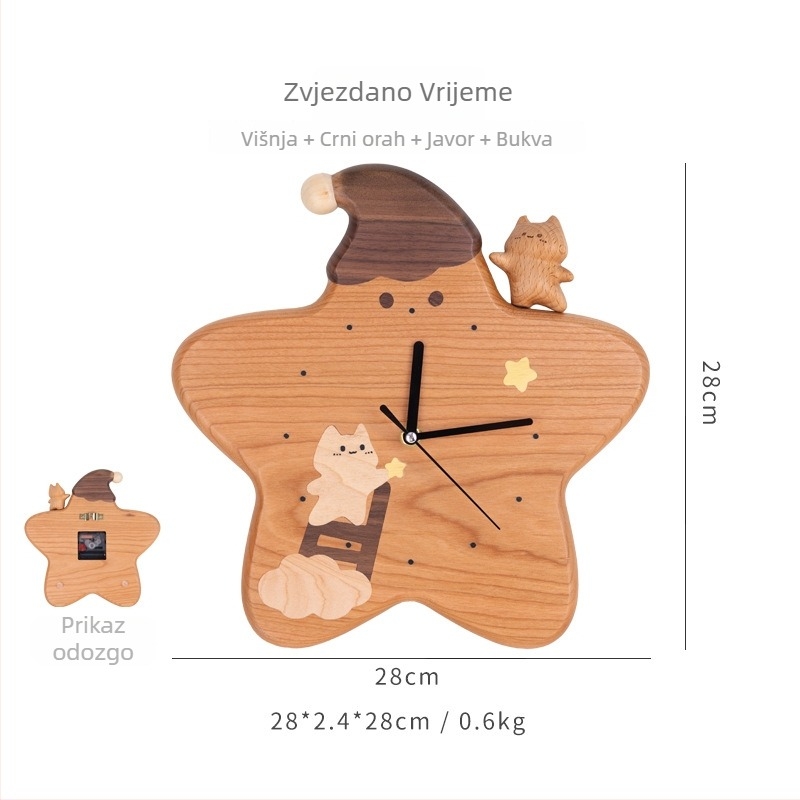 Zidni sat s drvenim cifernikom, napajanje baterijom, glatko kretanje sekunde, crtani stil, jednostrana, pogodna za dnevni boravak