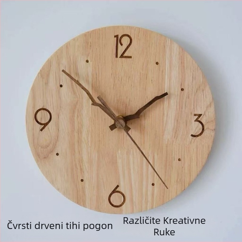 Nordijski drveni moderni zidni sat za dnevni boravak i blagovaonu, tih rad, metalno kućište, brojčanik od smole i metala, napajanje baterijama, mehanički mehanizam