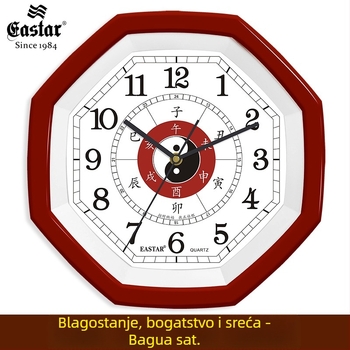 Tai Chi Bagua zidni sat, osmerokutni u kineskom stilu, kvarcni mehanizam, tih hod sekundne ručice, plastično kućište
