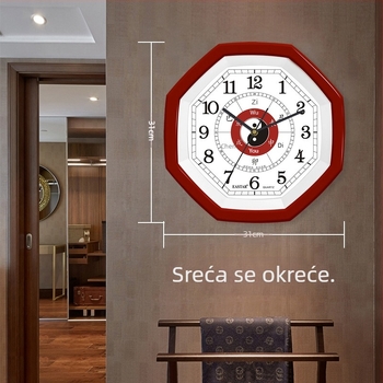 Tai Chi Bagua zidni sat, osmerokutni u kineskom stilu, kvarcni mehanizam, tih hod sekundne ručice, plastično kućište