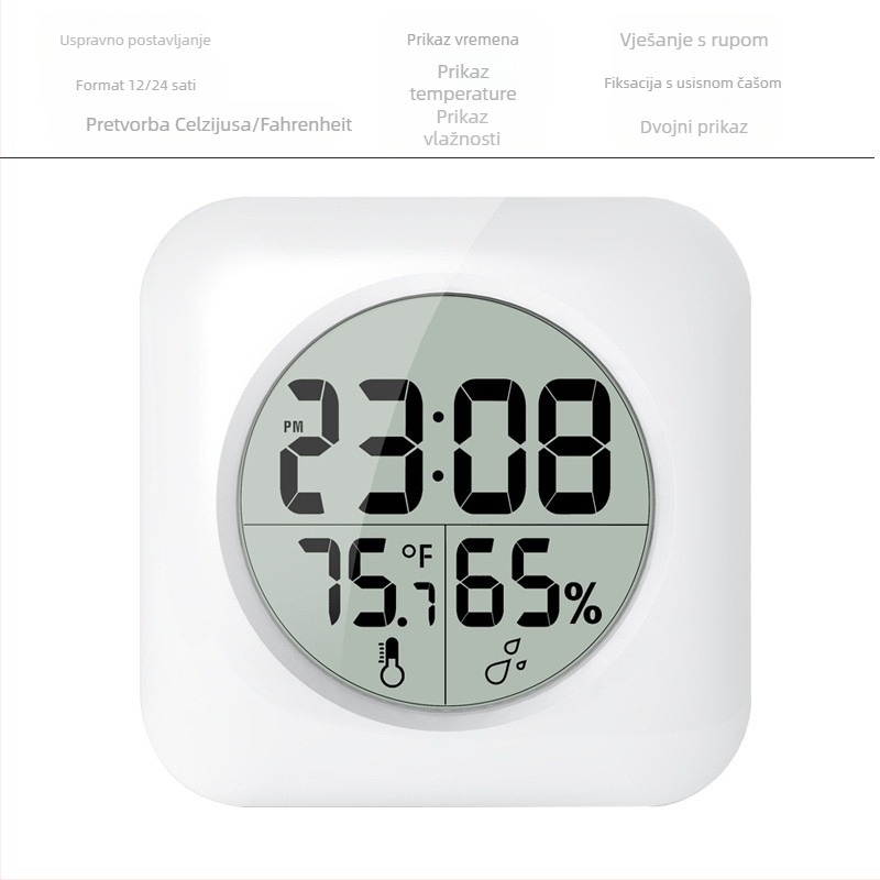 Elektronički zidni sat s termometrom i vlagom, vodootporan, s usisnom čašom za montažu, LCD zaslon