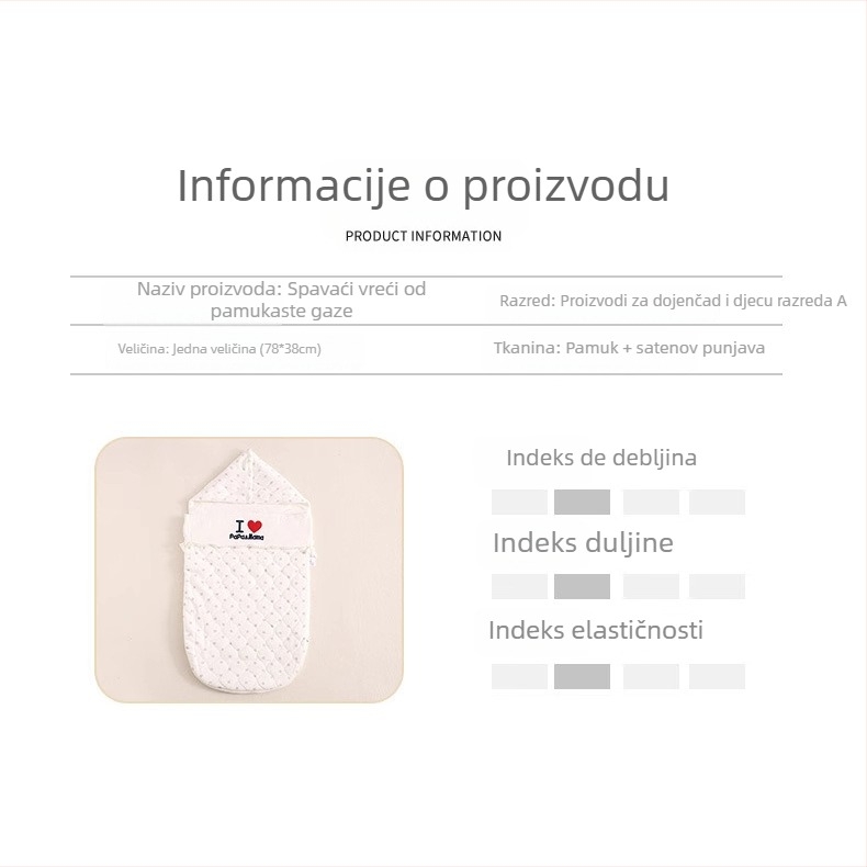 Dječji spavaći vreć u obliku kokona, pamuk materijal, podstava čista pamuka (95%+), punjenje poliester-pamuk, metalni zatvarač, za novorođenčad 0–1 godina