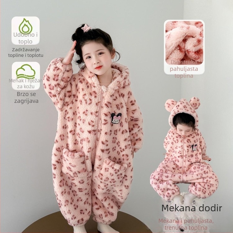 Dječja jednodjelna zimska pidžama s ugrađenim spavaćim vrećom, debela flanel, 60% poliester, korejski stil, uzrast 3–8 godina