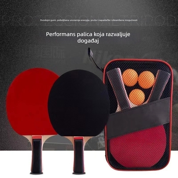 Set stolnog tenisa s dvije rekete i tri lopte, duga drška, vodoravna raketa, lipova ploča, guma s reverznim ljepilom