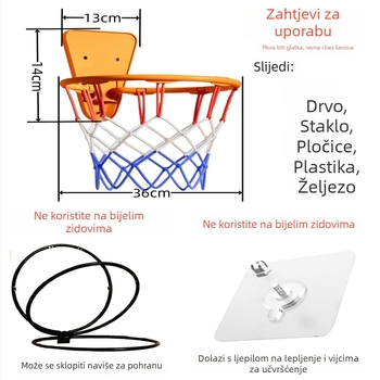 Dječji unutarnji zidni koš za košarku, prilagodljiv, PVC, 300 g, bez bušenja, tiho djeluje.