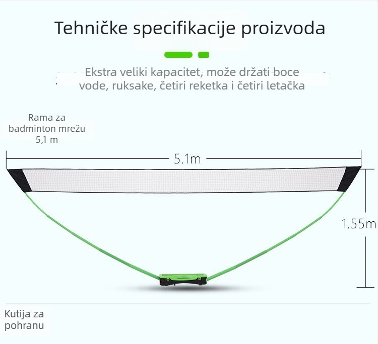 Prijenosni stalak za badminton mrežu od PVC-a, s jednom standardnom mrežom i dvostrukim stupovima za trening, lagan; pakiranje 700x300x140 mm; pogodan za badminton, tenis i druge igre s loptom.