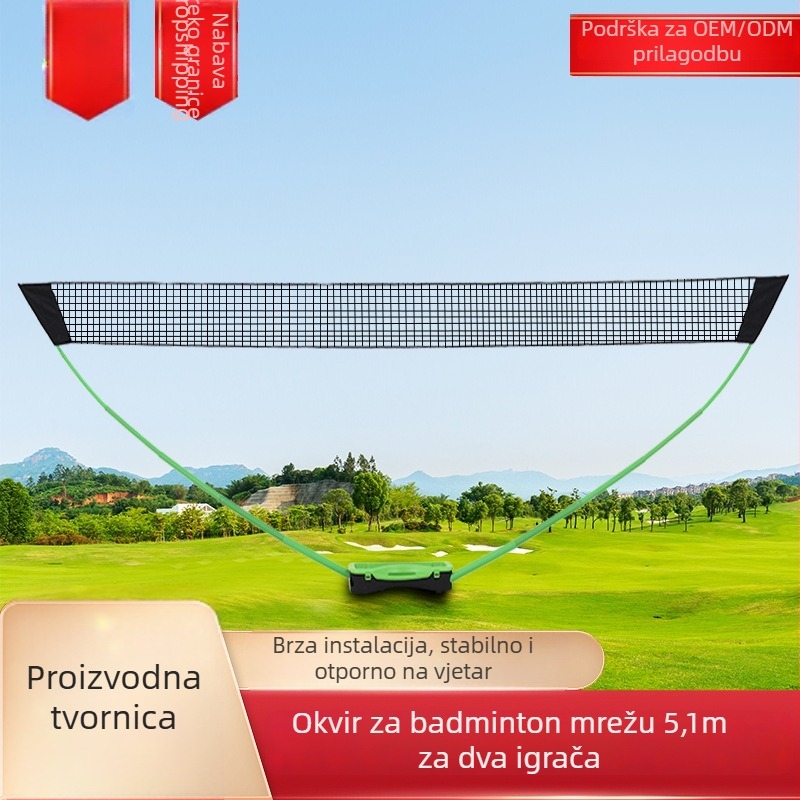 Prijenosni stalak za badminton mrežu od PVC-a, s jednom standardnom mrežom i dvostrukim stupovima za trening, lagan; pakiranje 700x300x140 mm; pogodan za badminton, tenis i druge igre s loptom.