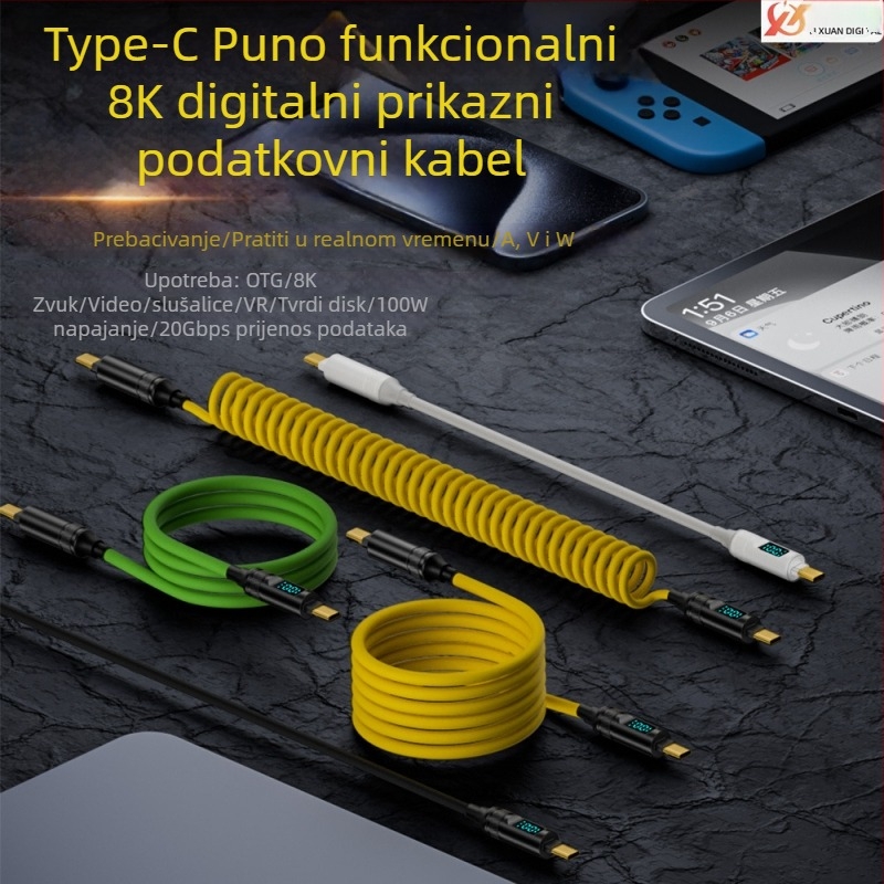 USB-C na USB-C kabel s digitalnim zaslonom, 100W PD, prijenos za 8K zaslon, težina 50 g