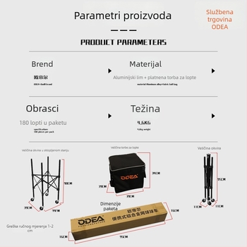 Odea Odeir teniska kolica za lopte — prijenosna, sklopivi okvir za skupljanje lopti, velika kapaciteta, prilagodljiv