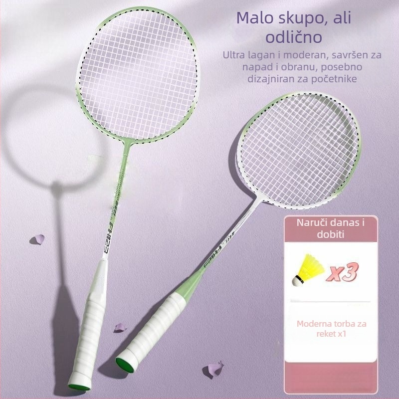 Badminton raketa, okvir od karbonskih vlakana, dvostruki set reketa, težina 95–100 g, direktan udarac, umjerena tvrdoća