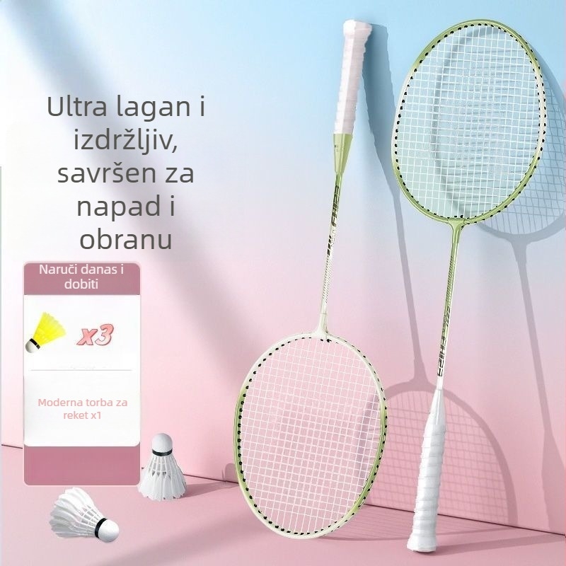 Badminton raketa, okvir od karbonskih vlakana, dvostruki set reketa, težina 95–100 g, direktan udarac, umjerena tvrdoća