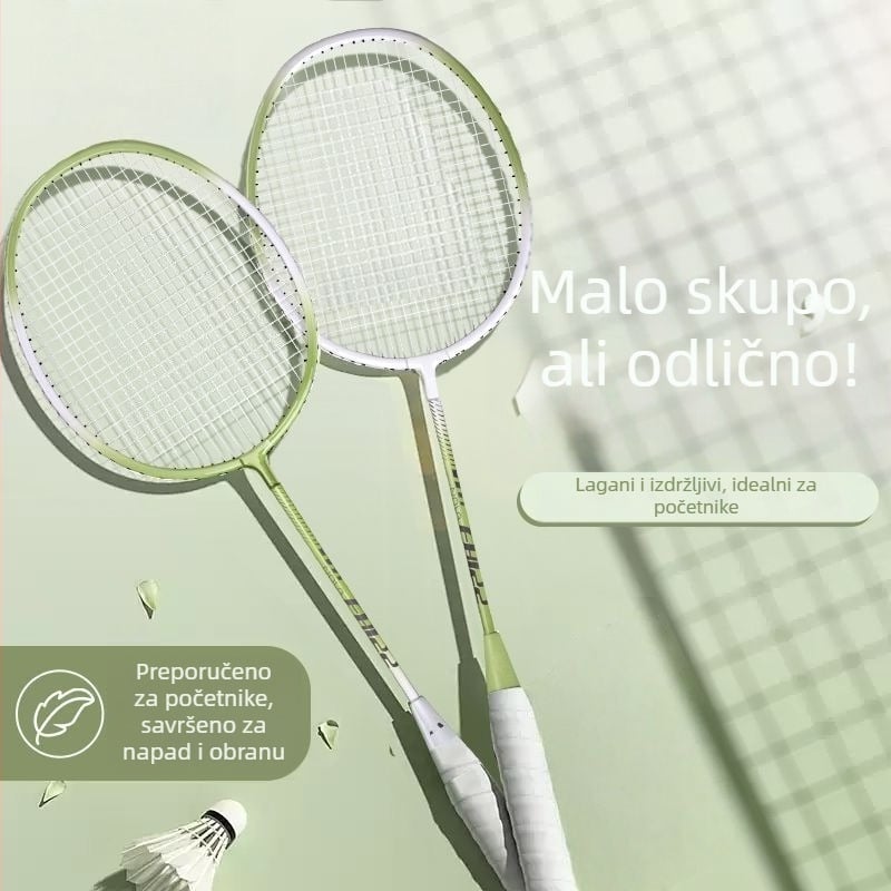 Badminton raketa, okvir od karbonskih vlakana, dvostruki set reketa, težina 95–100 g, direktan udarac, umjerena tvrdoća