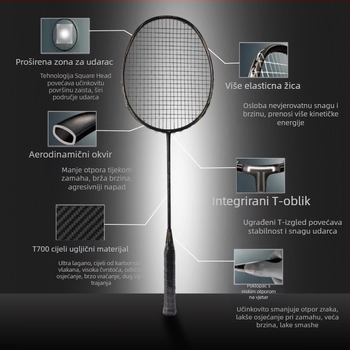 Badminton palica s karbonskim okvirom, težina 85–89 g, držač G4, udarac ravno, tvrdoća šipke srednja