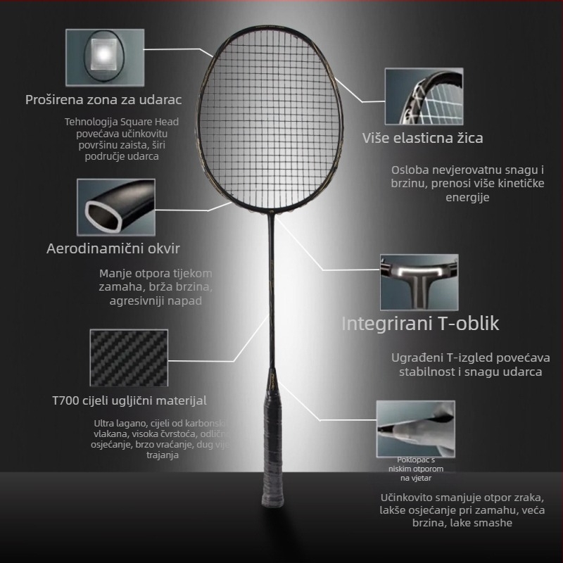 Badminton palica s karbonskim okvirom, težina 85–89 g, držač G4, udarac ravno, tvrdoća šipke srednja