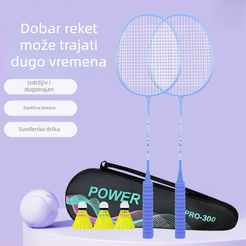Set badminton reketa za odrasle – dvostruka reketa, okvir od željezne legure, najlon žice, težina 95–100 g, bočni udarac