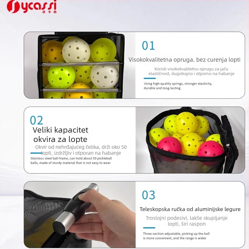 Sakupljač lopti za pickleball i tenis, s velikim kapacitetom, dizajnom tlaka prema dolje i vrećom za pohranu