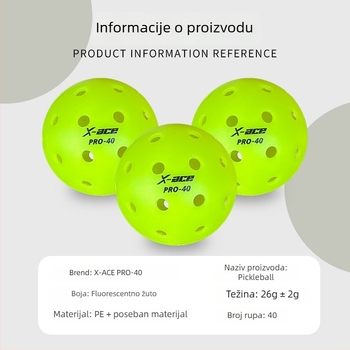 X-ace pickleball lopta – za vanjsku upotrebu, 40 rupa, PE materijal, težina 26 g ± 2 g, profesionalna natjecateljska lopta