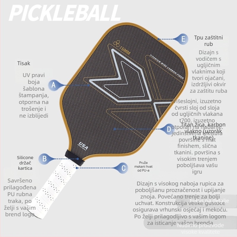 Palica pickleball od karbonskih vlakana, marka Constant Cabin, tekstura platna, mat dizajn, jezgro PP honeycomb, težina 230±5 g