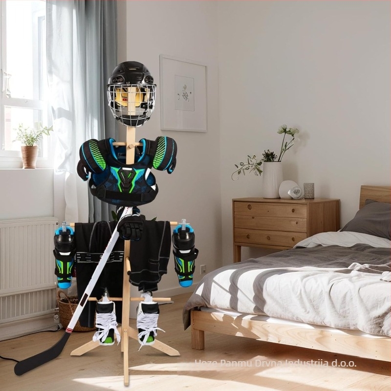 Drveni sušilni stalak za hokejsku opremu – Brahma Wood Collection, trostruki univerzalni skladišni stalak, sastavljivi organizator za sportsku opremu