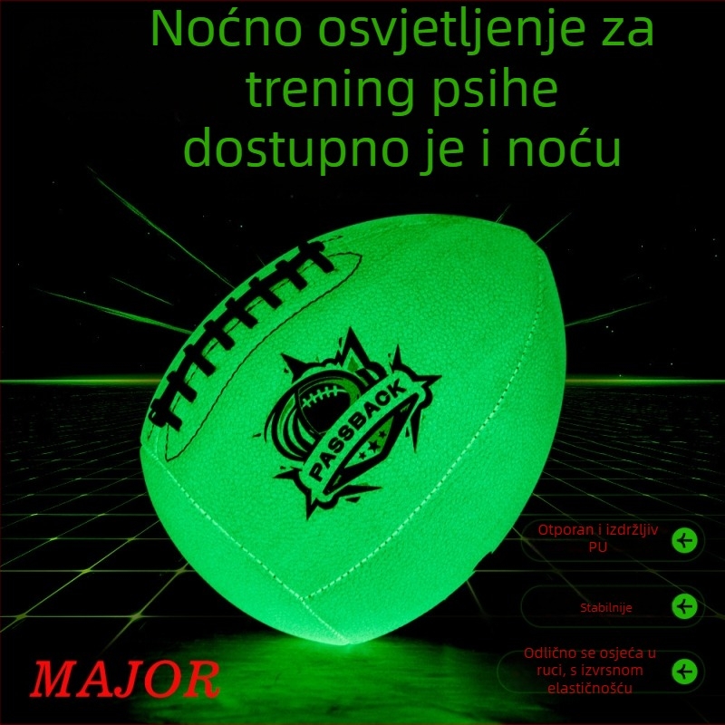 Letna lopta za trening kvoterbeka - Svjetleća PU kožna passback lopta, polu-rugby, vanjska uporaba (Materijal: PU; Šivanje: strojno šivanje; Tip lopte: polu-rugby; Značajka: svjetleća passback lopta)