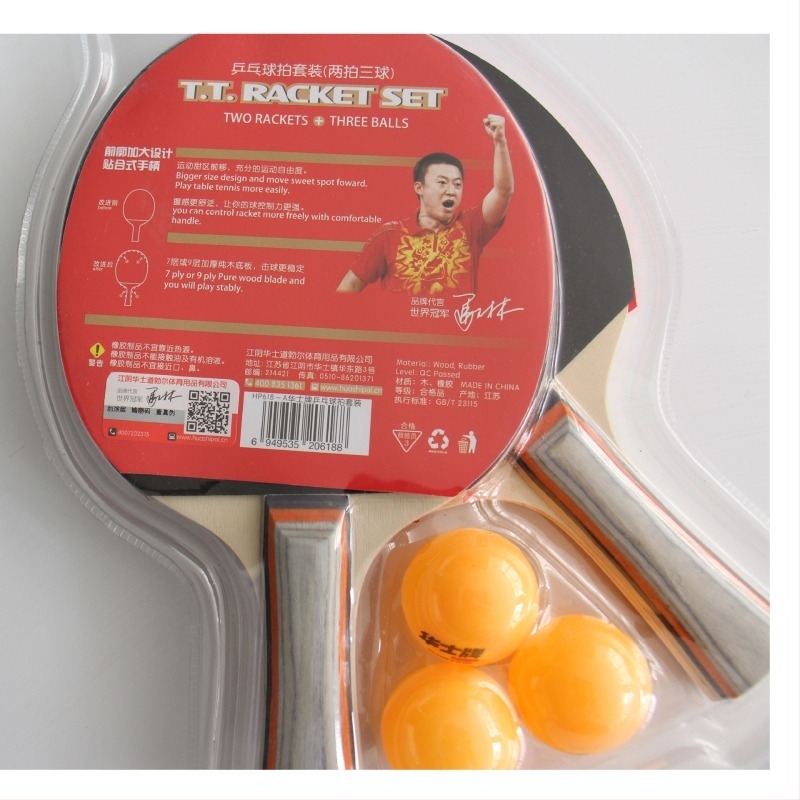 Huashi set ping-pong reketa – dvostruka guma, Shakehand drška, ploča od čvrstog drveta, uključuje 2 reketa i 3 loptice