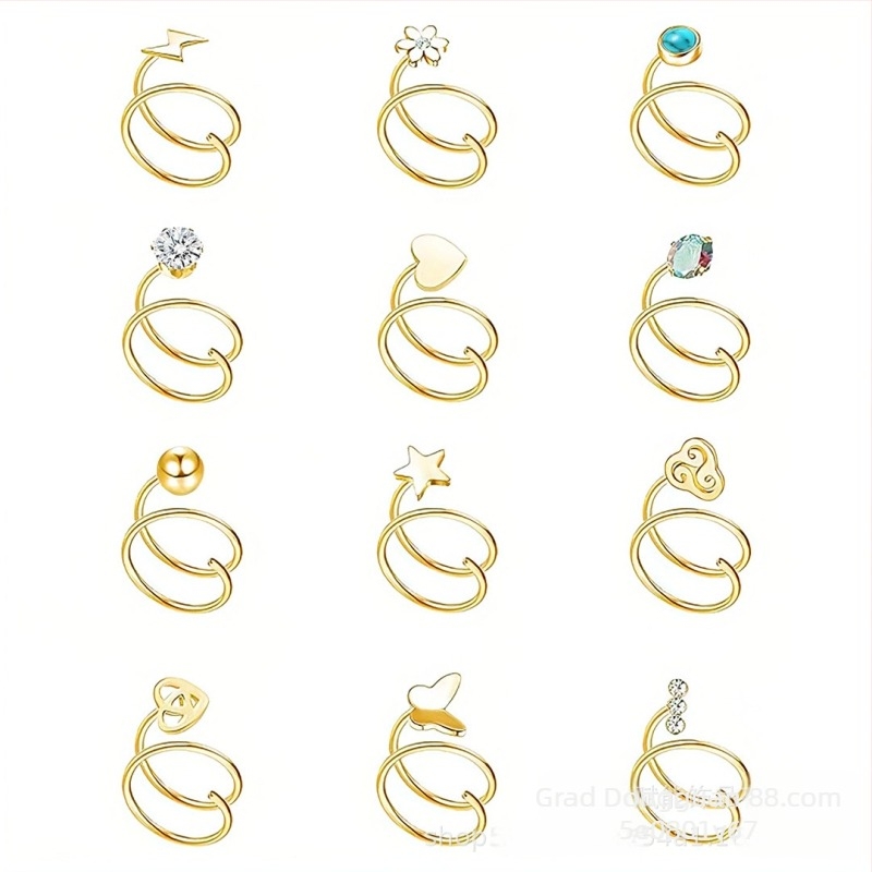 Unisex nosni prsten od nehrđajućeg čelika, dvostruka karika, motivi srca, petokraka zvijezda i munja, elektroplatirano