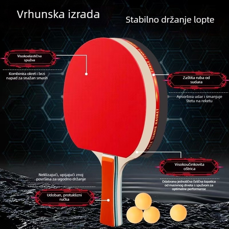 Reket za stolni tenis s dvostrukom gumom, horizontalni reketa, ploča od topolovog drva, težina oko 125 g