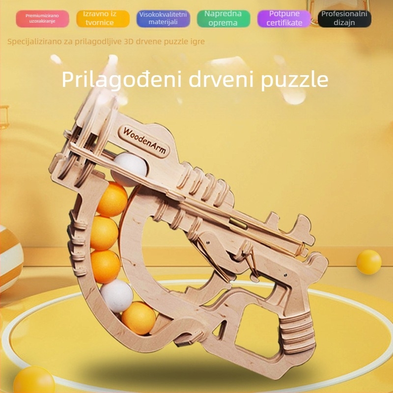 Drveni 3D puzzle u obliku pištolja za stolni tenis, DIY prilagodba, OEM logo, višefunkcionalna igračka