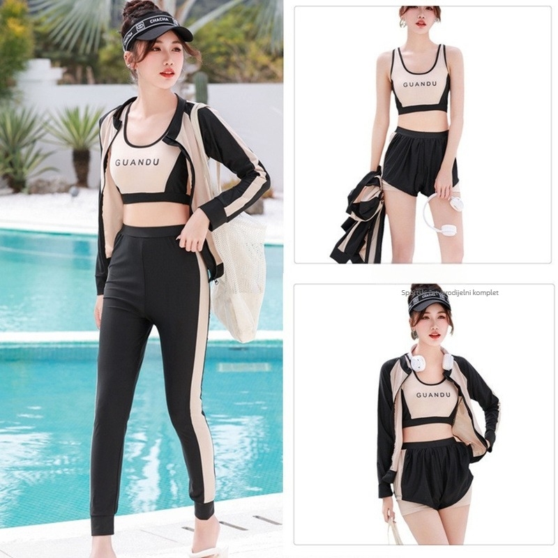 Ženski plivački kostim s dugim rukavima i zaštitom trbuha – jednobojni, plus veličina, s jastučićima u prsima bez čvrste potpore, poliester 88%, podstava 100% poliester, 200 g/m2