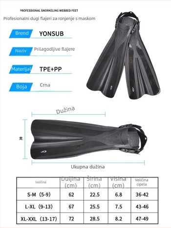 Duge ronilačke peraje za muškarce i žene, materijali PP/TPR; Marka Yon Sub; prilagođavanje dostupno; Privatna oznaka dostupna
